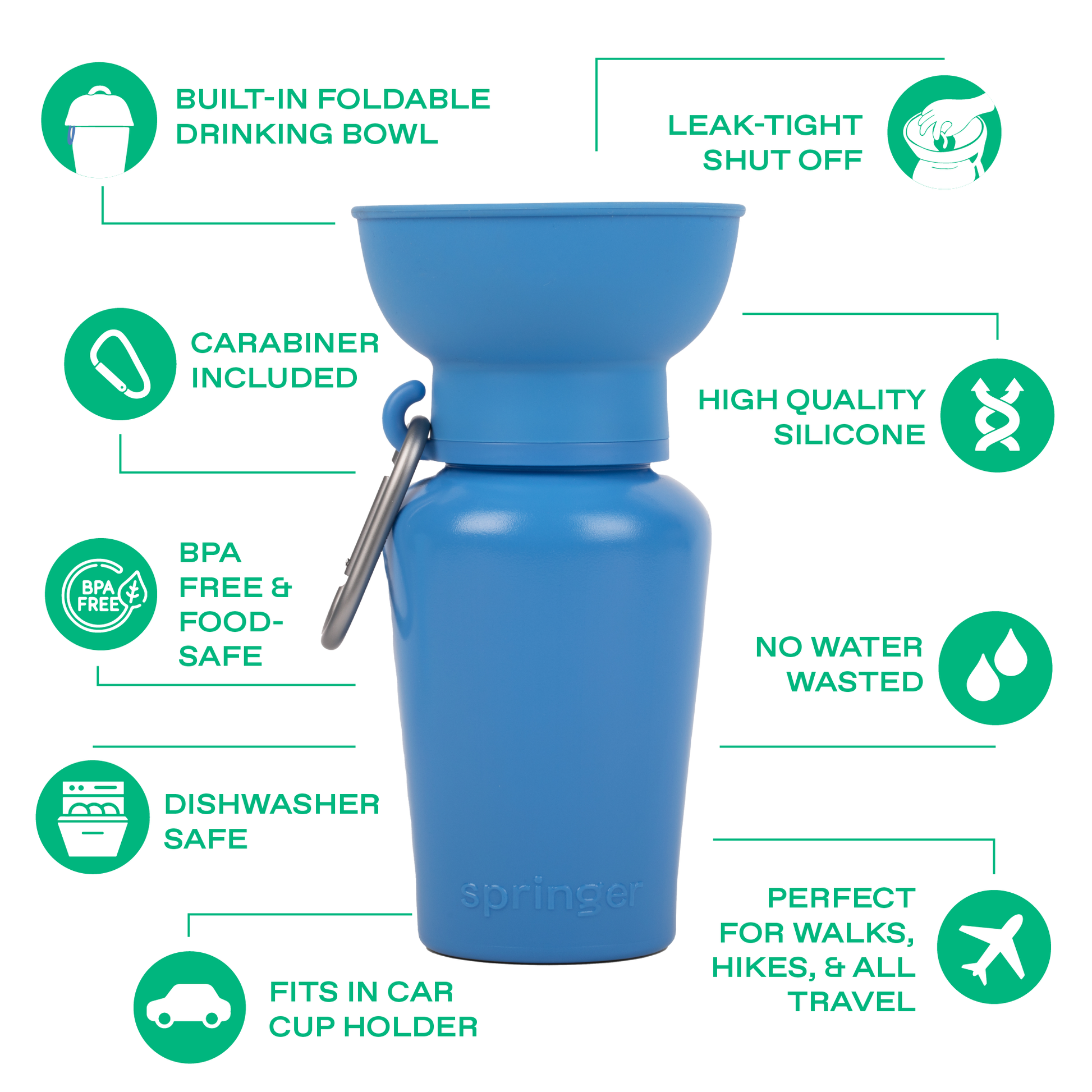 Blue silicone water bottle with features listed on a white background