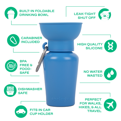 Blue silicone water bottle with features listed on a white background