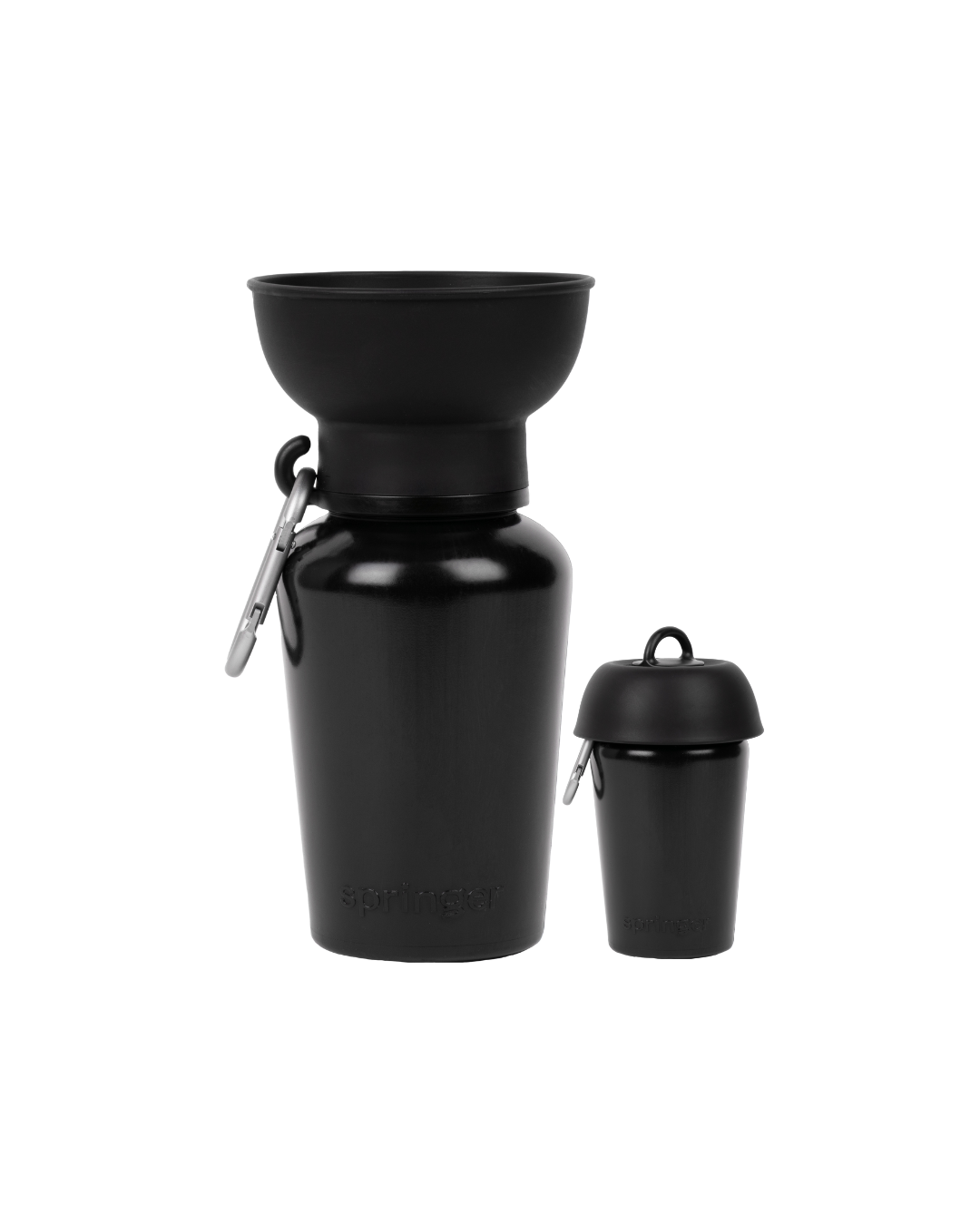 Black pet water bottle with detachable bowl on a white background