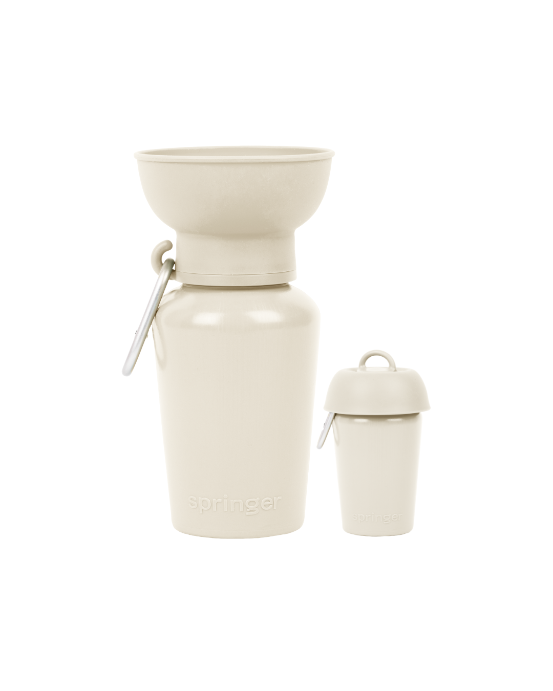 Set of two beige travel mugs with a carrying strap on a white background