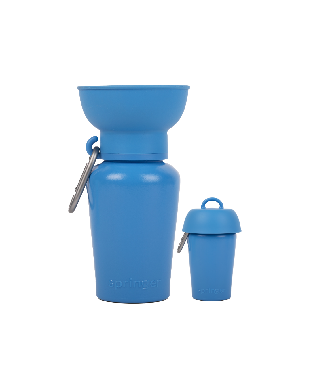 Blue collapsible water bottle with carrying strap on a white background