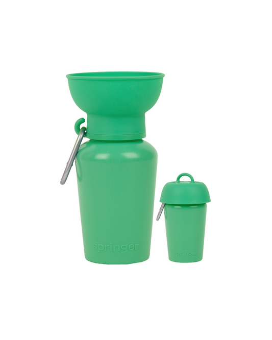 Green silicone water bottle with detachable lid on a white background