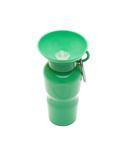Green pet water bottle with a detachable funnel on a white background