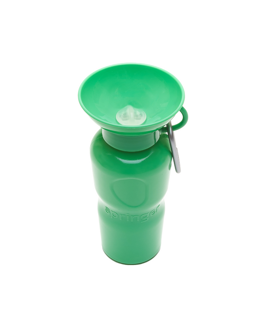 Green pet water bottle with a detachable funnel on a white background