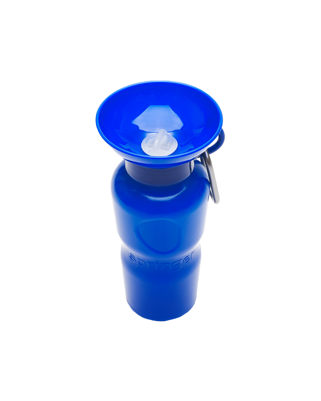 Blue dog water travel bottle with a white label on a white background