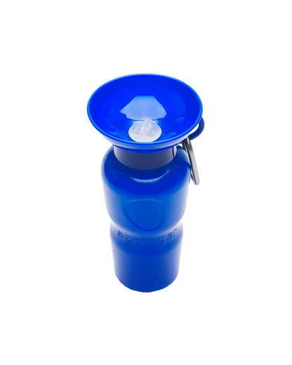Blue dog water travel bottle with a white label on a white background