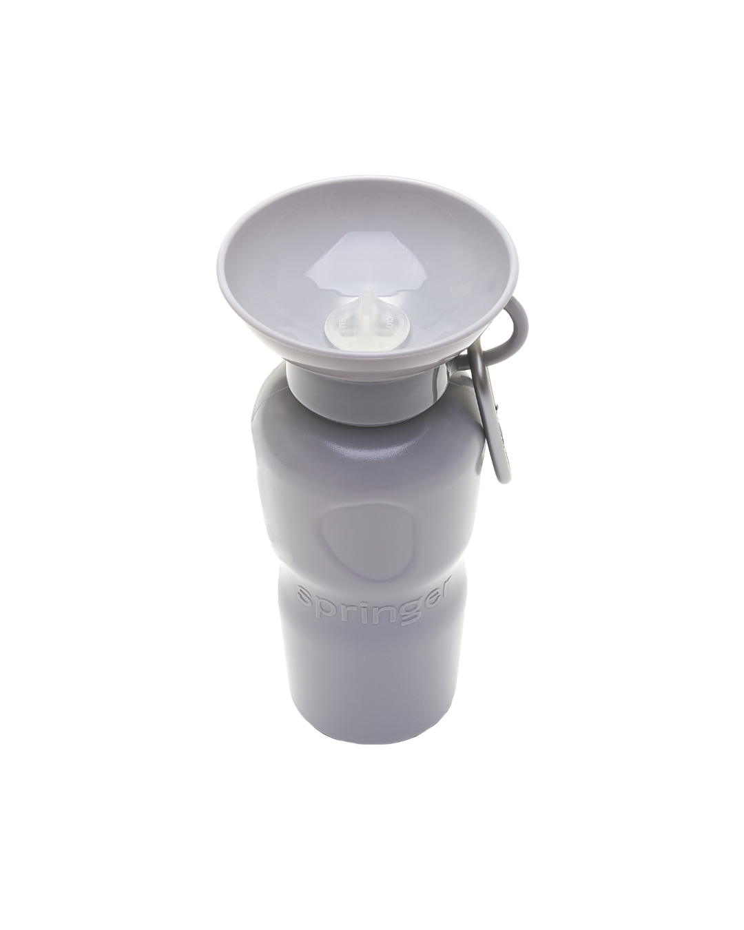Gray travel dog water bottle with a detachable spout on a white background