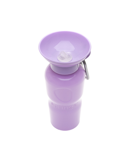 Purple water bottle with a detachable spout on a white background