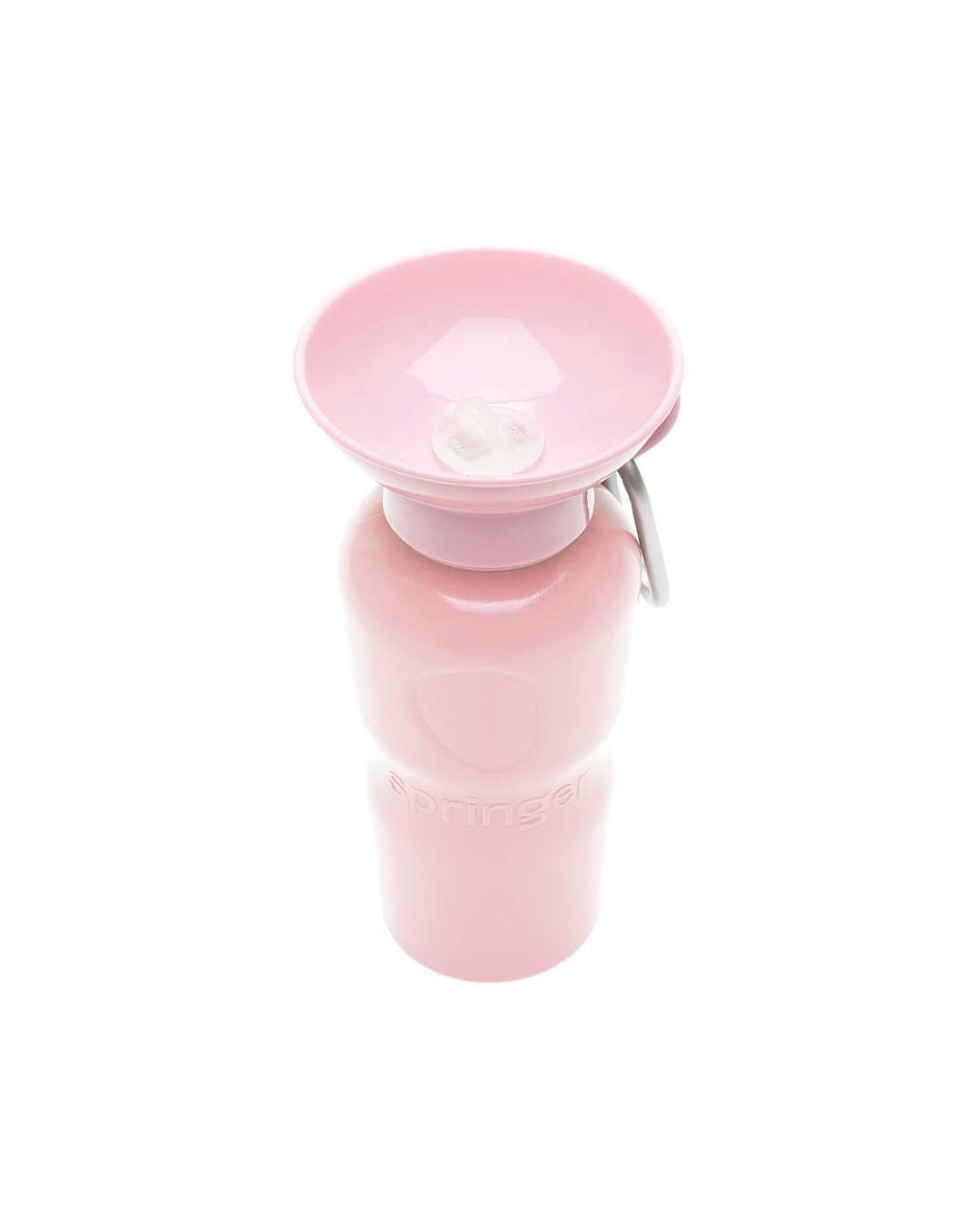Pink water bottle with a detachable spout on a white background