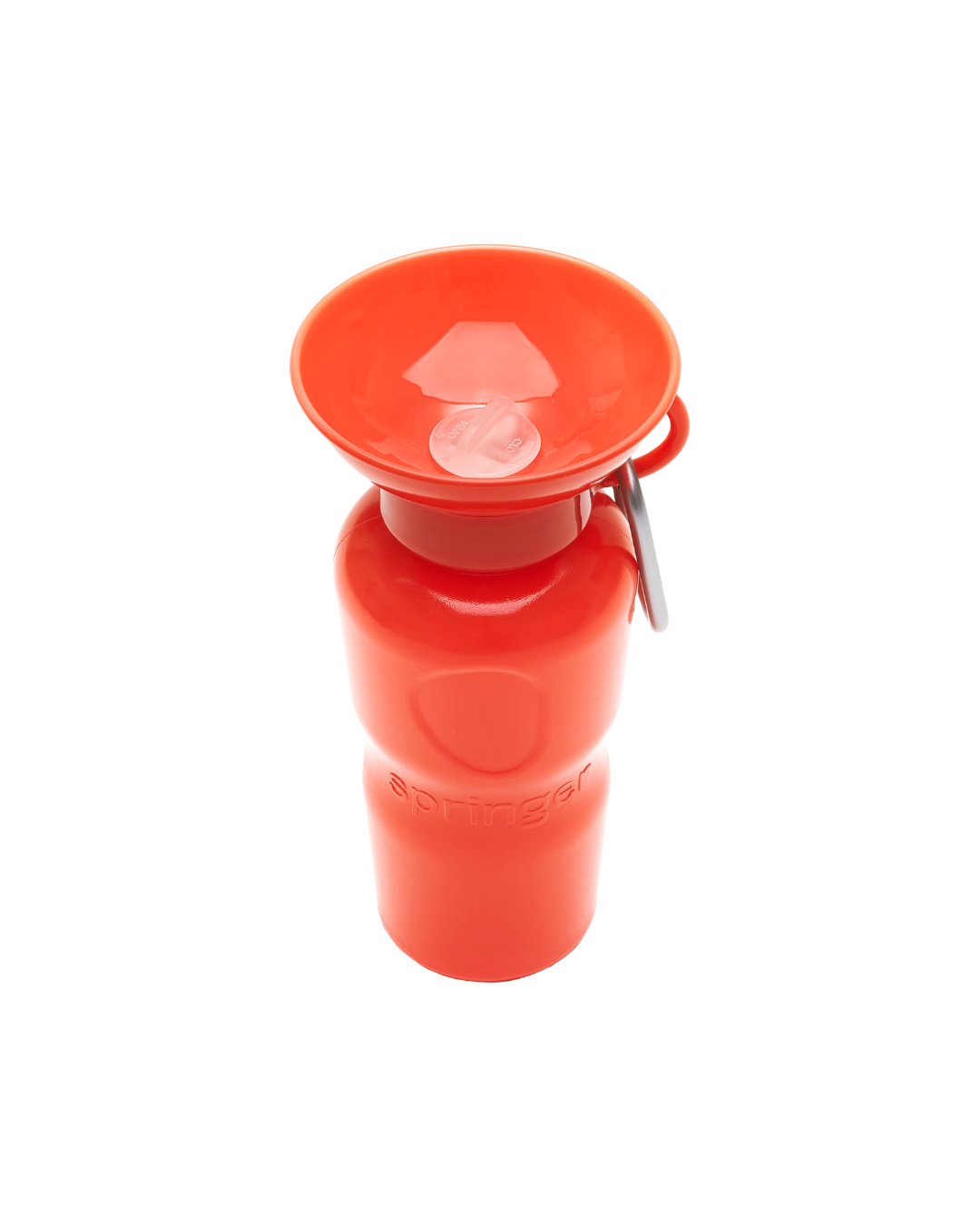 Red water bottle with a flip lid on a white background