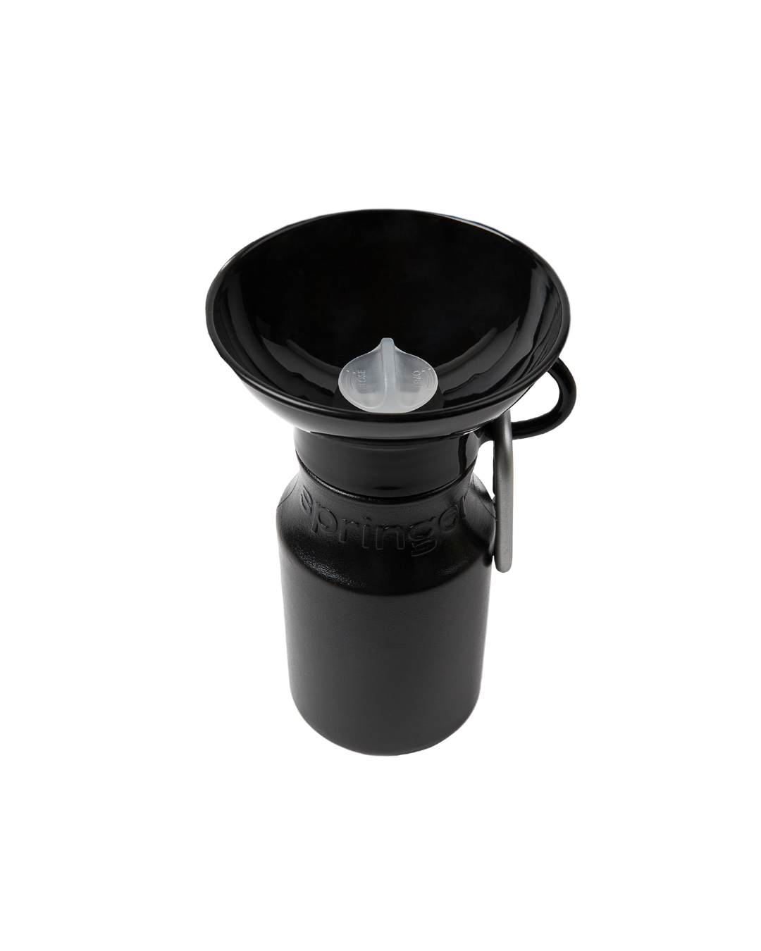 Black water bottle with a detachable spout on a white background