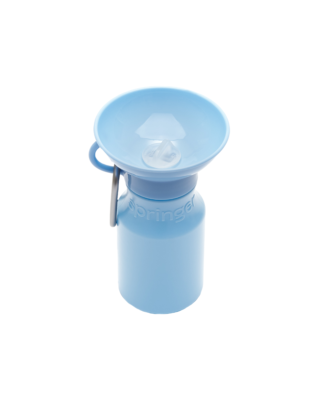 Blue water bottle with a detachable cup on a white background