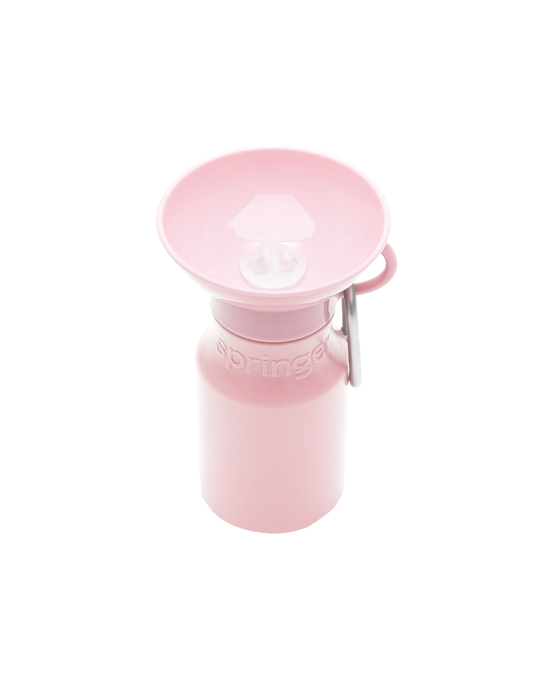 Pink water bottle with a matching cap on a white background