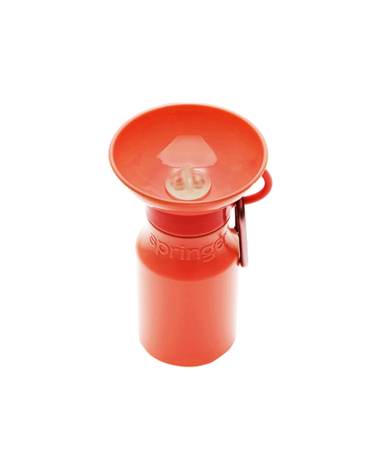 Red water bottle with a cap on a white background