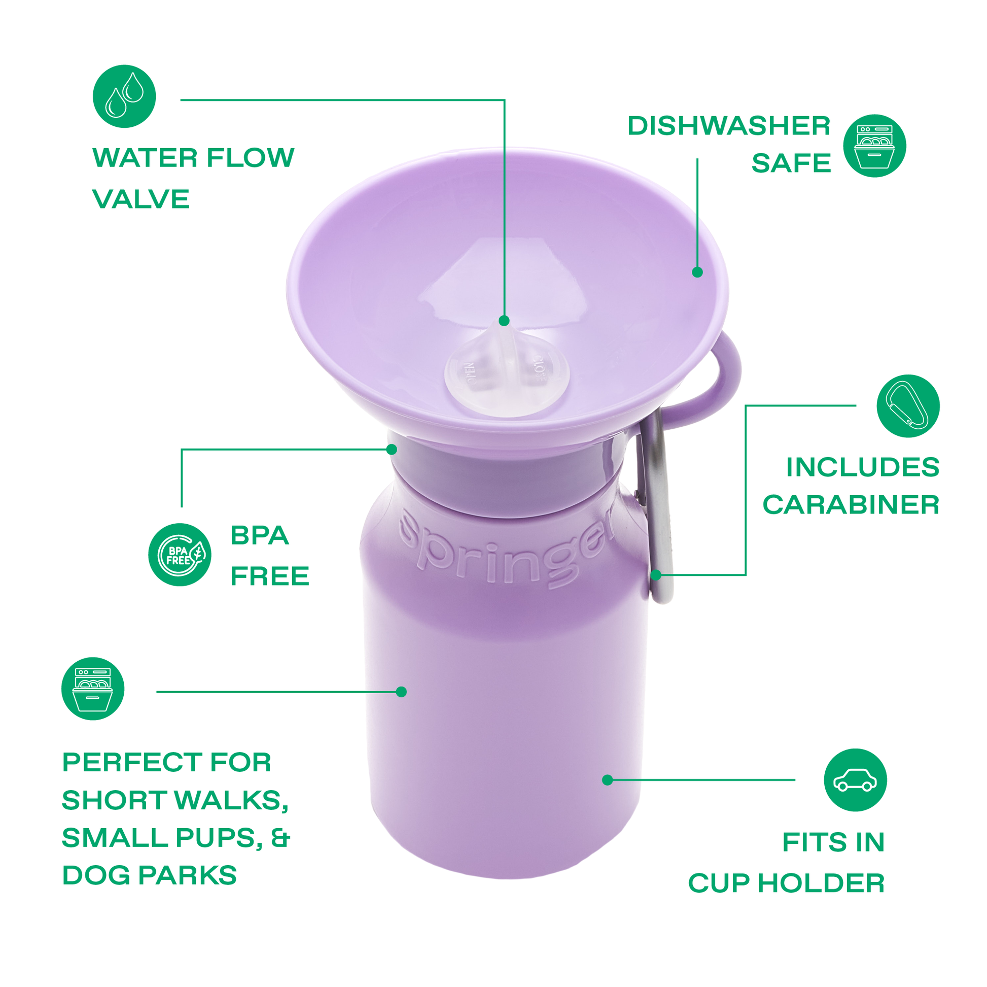 Purple dog water bottle with features highlighted on a white background