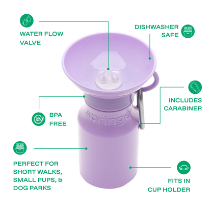 Purple dog water bottle with features highlighted on a white background