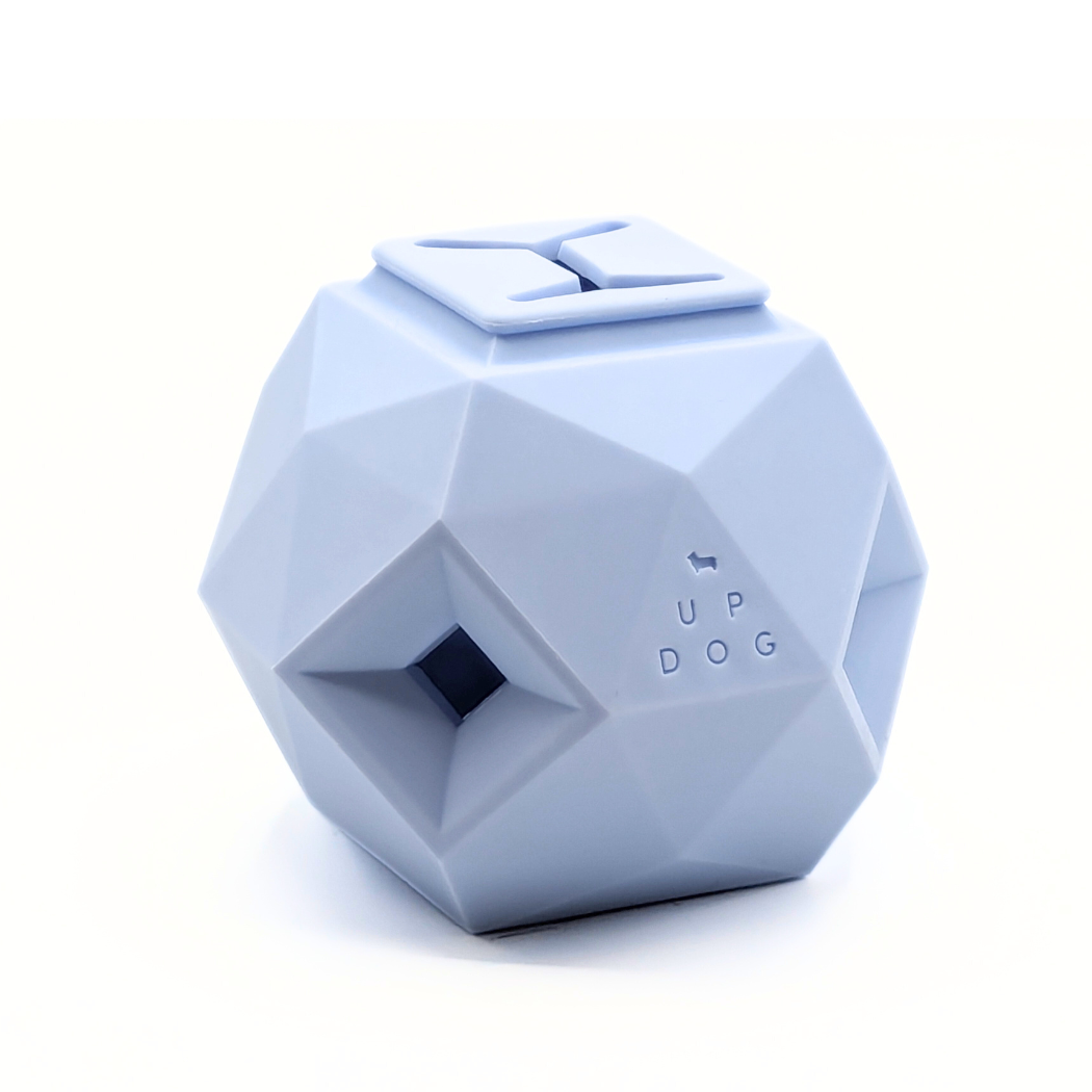 Geometric blue pet toy with 'UP DOG' branding on a white background