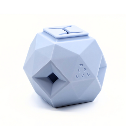 Geometric blue pet toy with 'UP DOG' branding on a white background