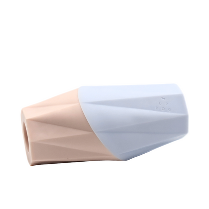 Two-toned cylindrical container with beige and light blue on a white background