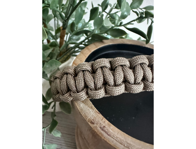 Dog collar made of braided material on a pot with greenery in the background