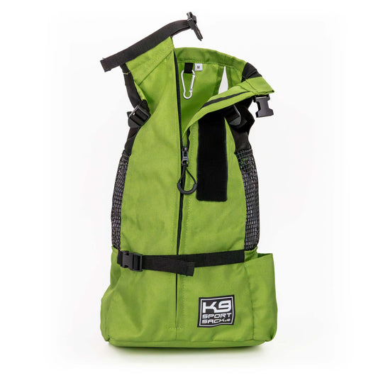 Green backpack with black straps on a white background