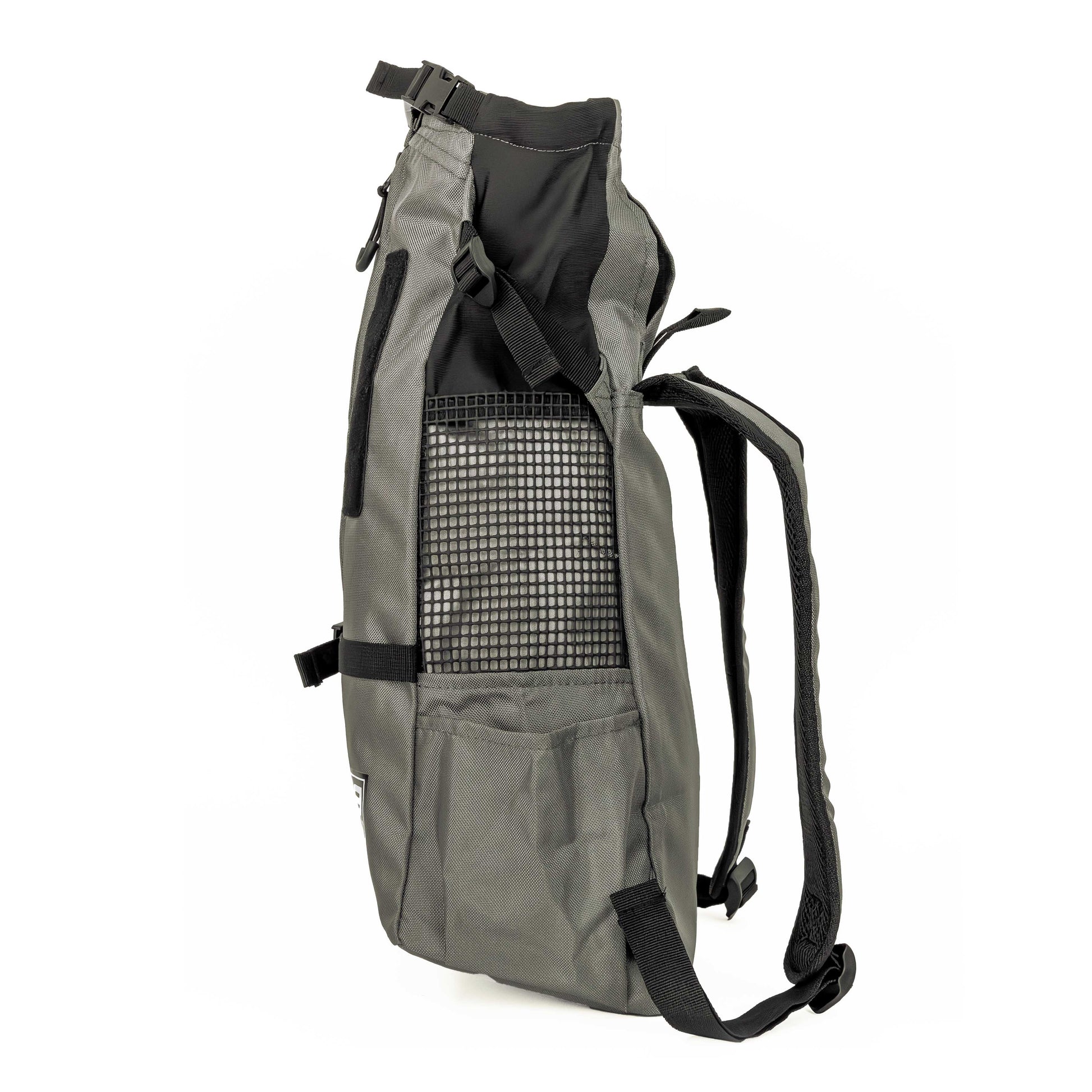 Gray backpack with black straps on a white background