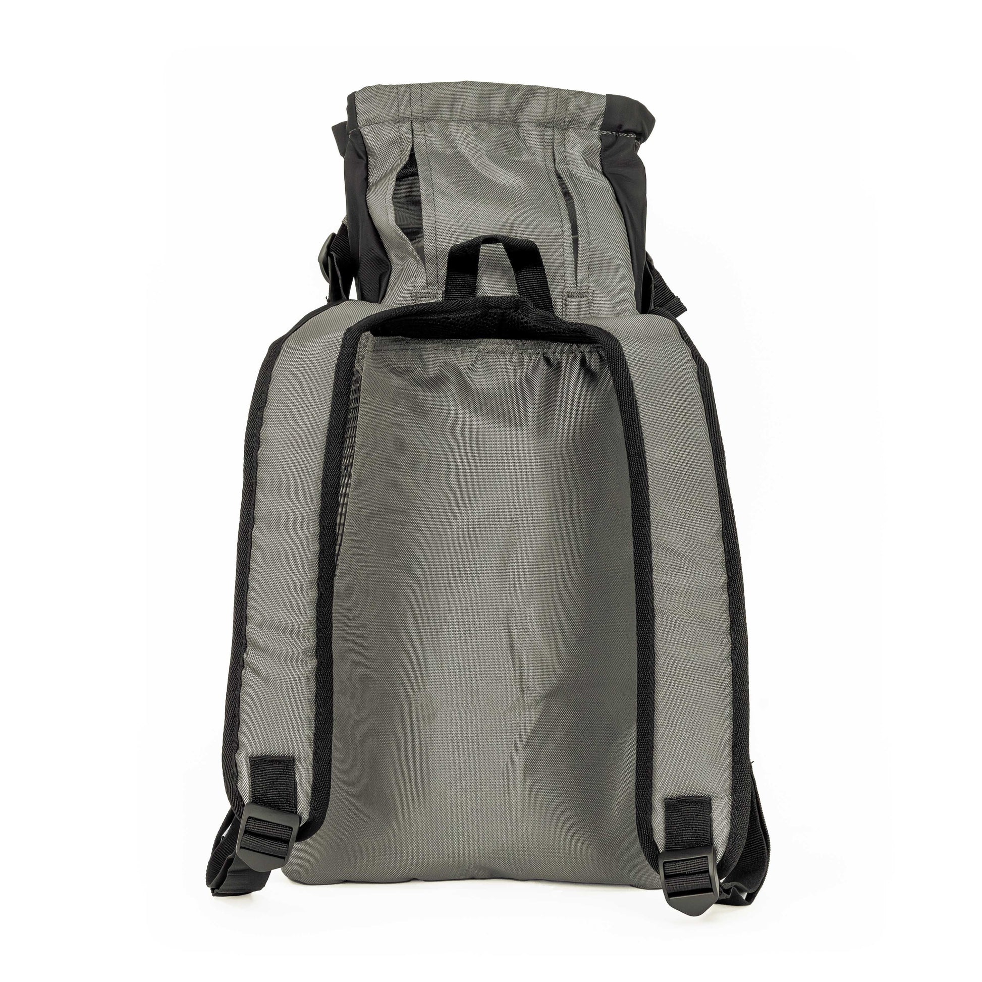 Gray backpack with black straps on a white background