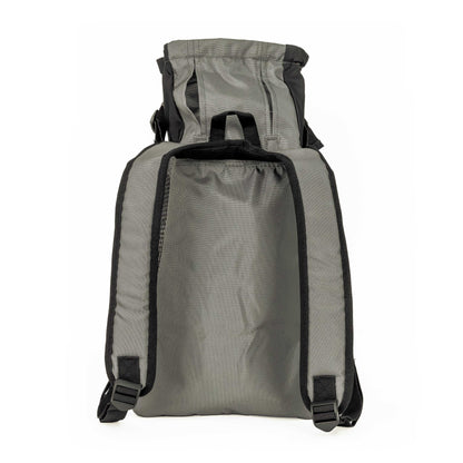 Gray backpack with black straps on a white background