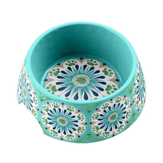 Decorative pet bowl with floral pattern on a white background