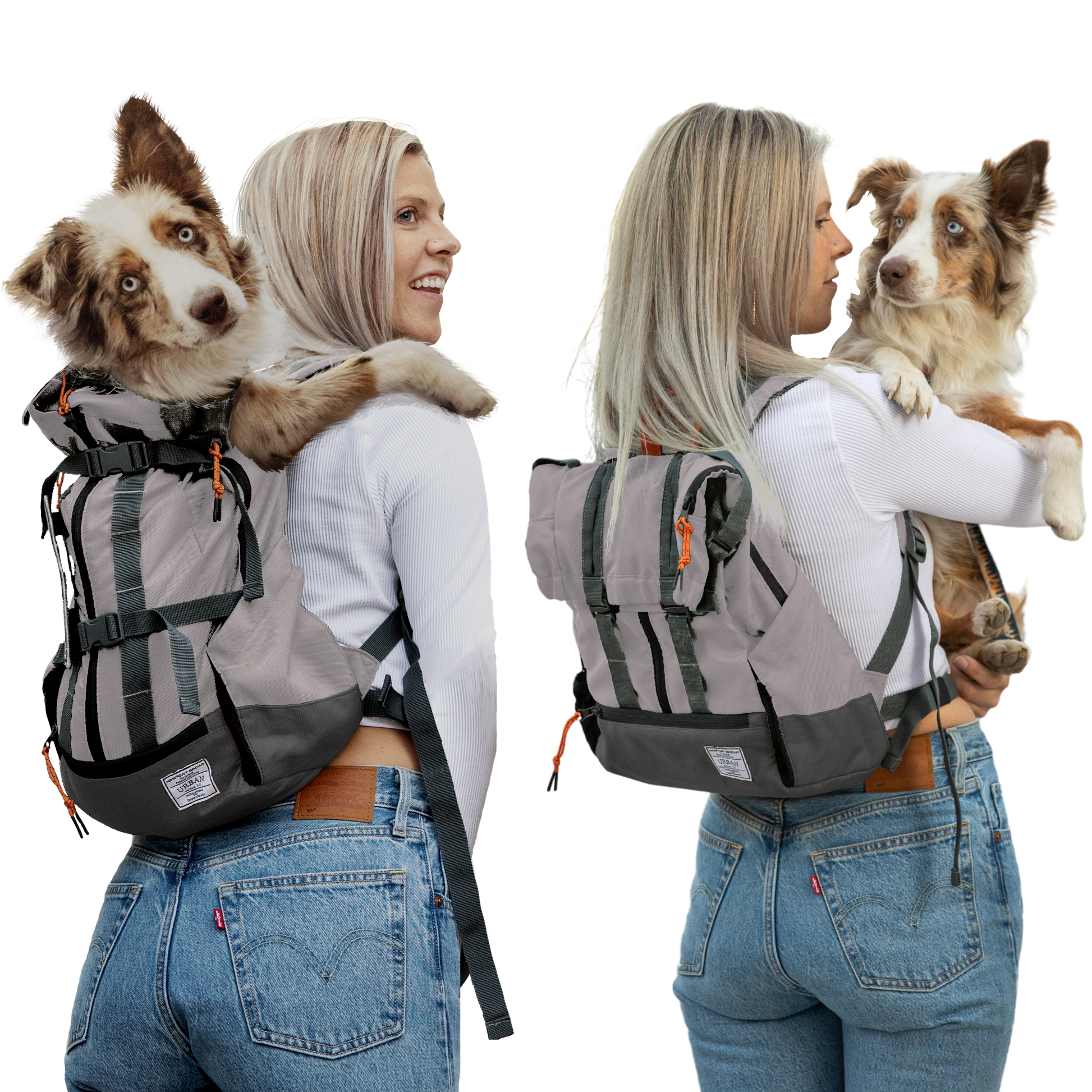 Woman holding a dog and wearing a gray pet carrier backpack, shown from front and side views.