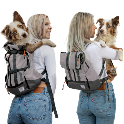Woman holding a dog and wearing a gray pet carrier backpack, shown from front and side views.
