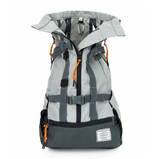Gray backpack with orange accents on a white background