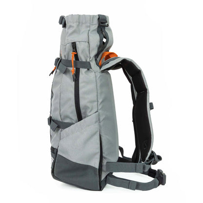 Gray backpack with orange accents on a white background