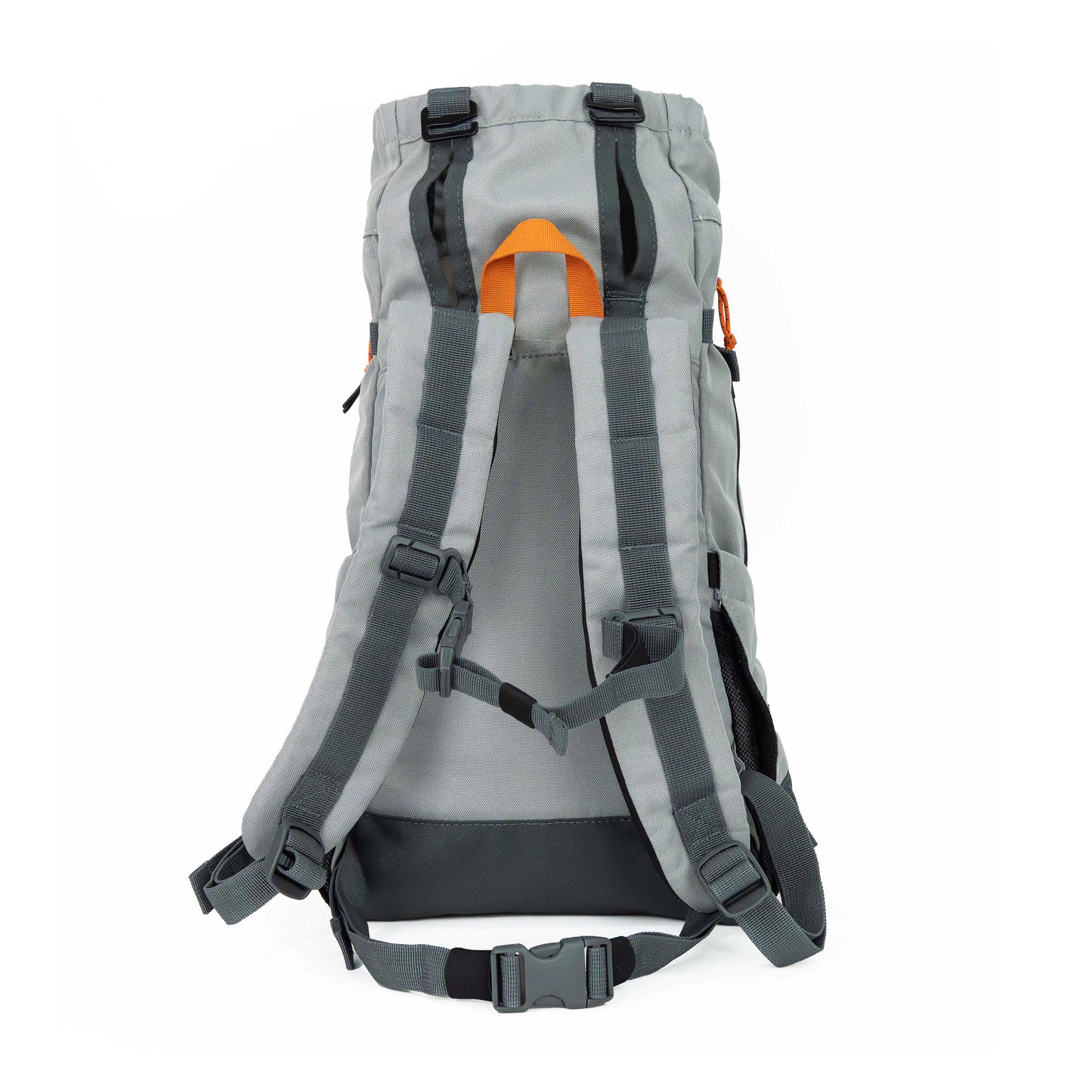 Gray backpack with orange accents on a white background
