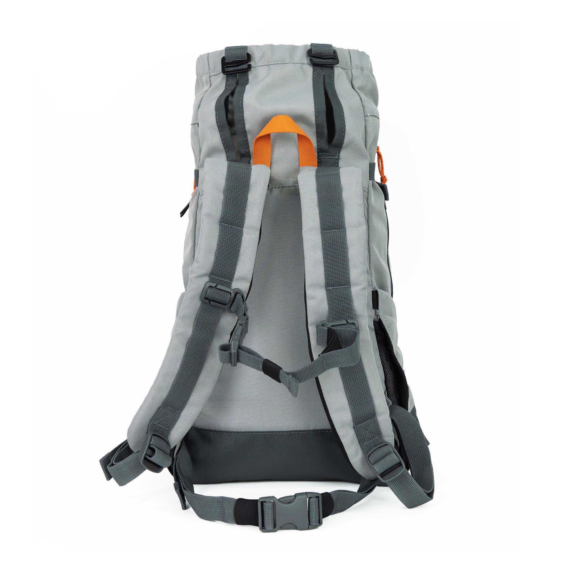 Gray backpack with orange accents on a white background