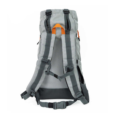 Gray backpack with orange accents on a white background