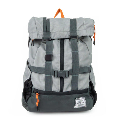 Gray backpack with orange accents on a white background
