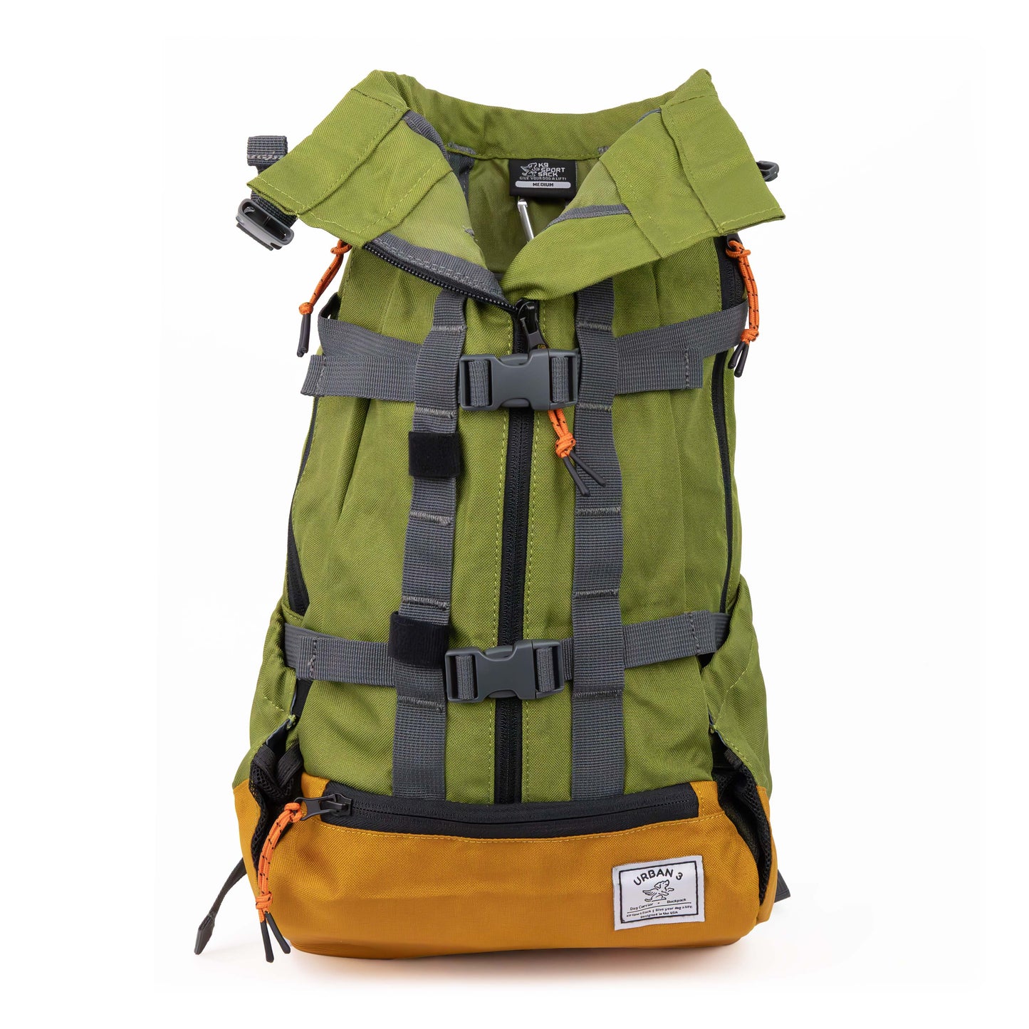 Green and brown backpack with multiple straps on a white background