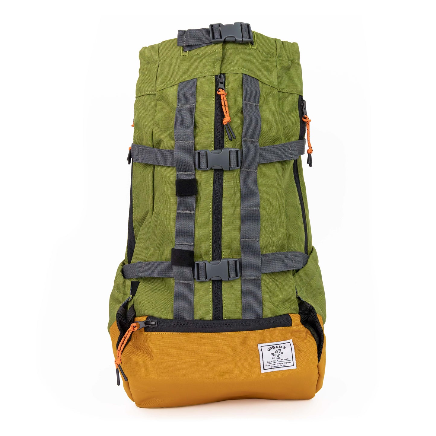 Green and mustard yellow backpack with gray straps on a white background