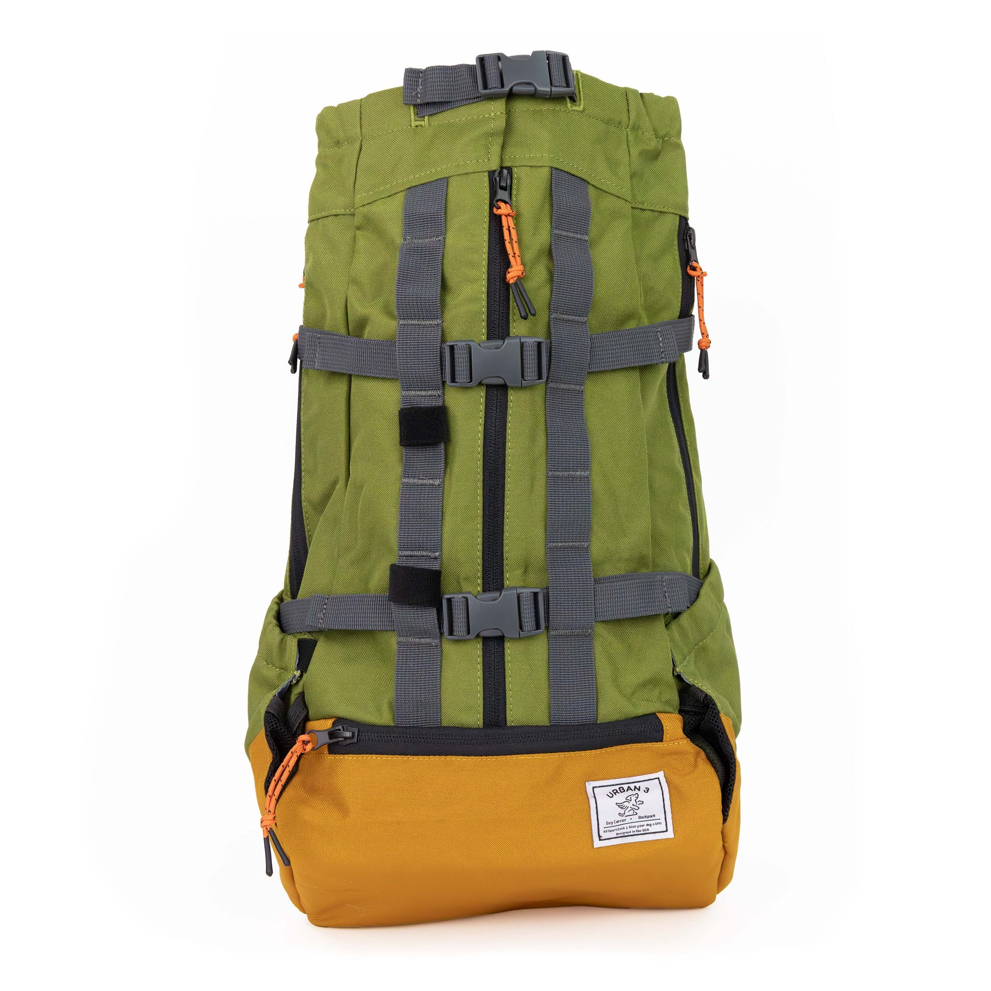 Green and mustard yellow backpack with gray straps on a white background