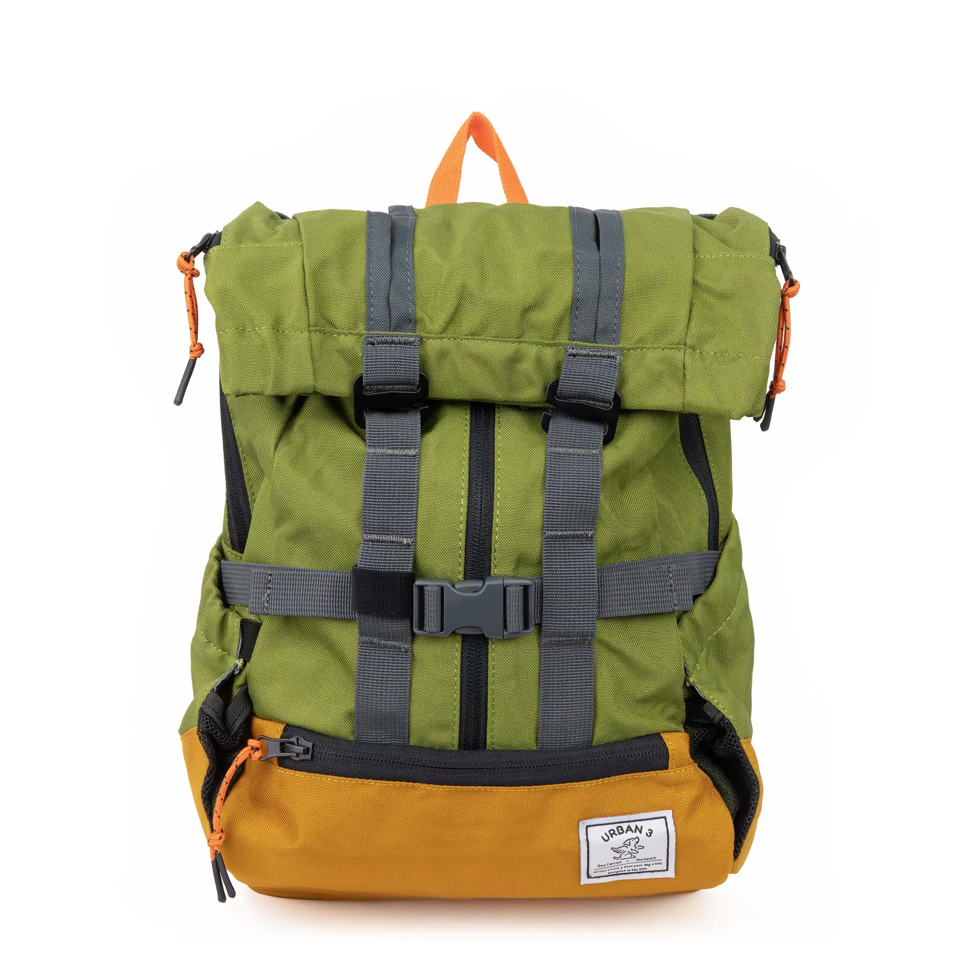 Green and mustard yellow backpack with gray straps on a white background