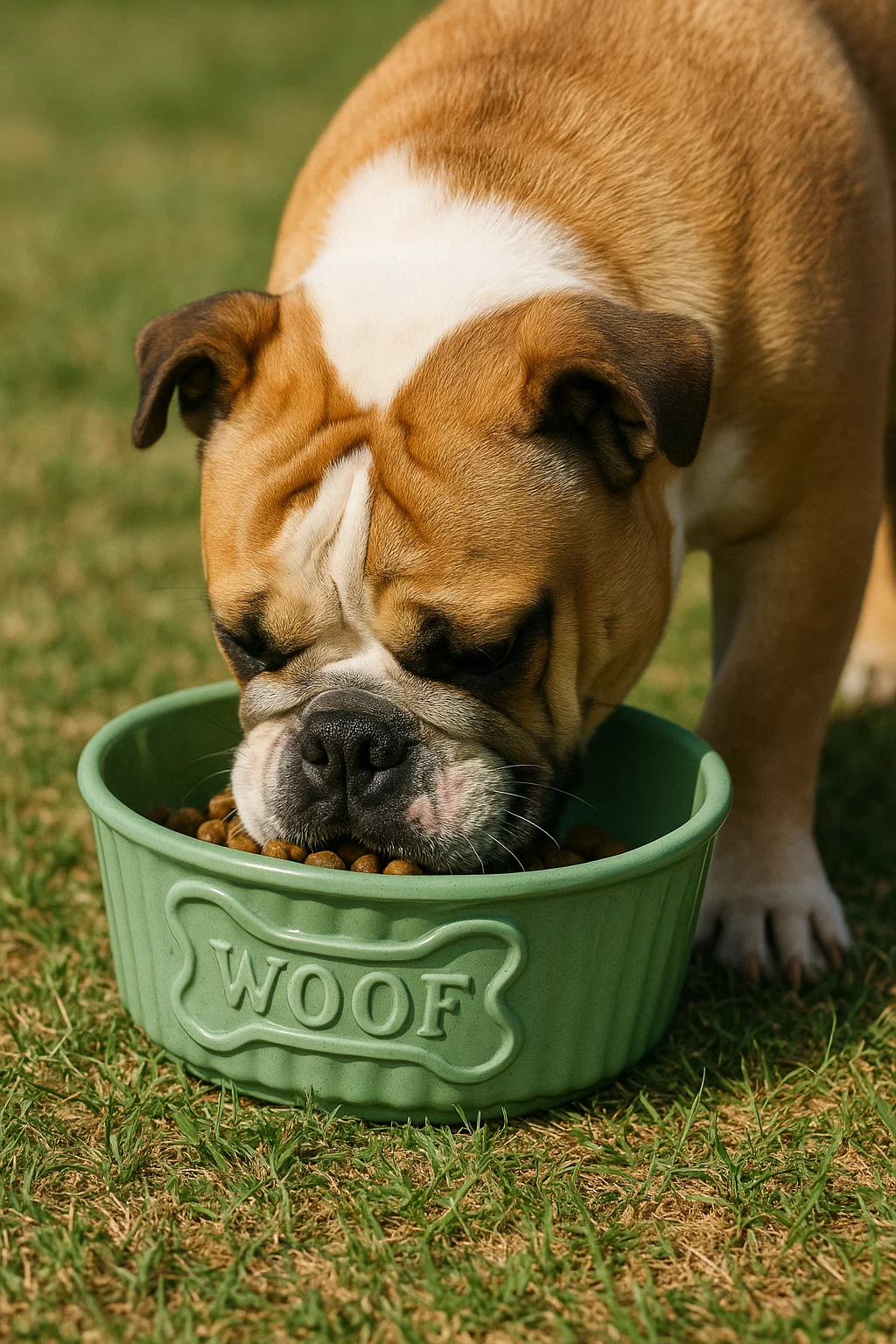 Dog eating from a green 'WOOF' bowl on grass