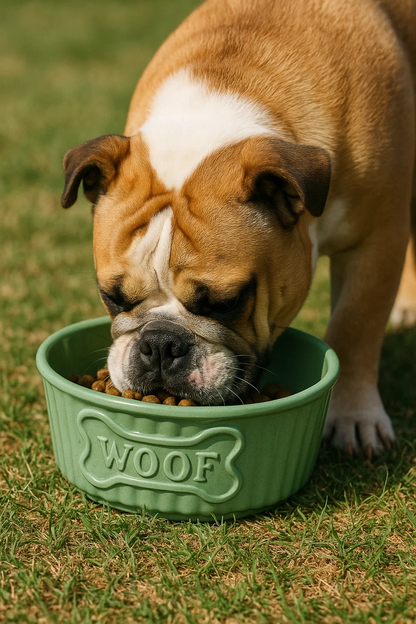 Dog eating from a green 'WOOF' bowl on grass