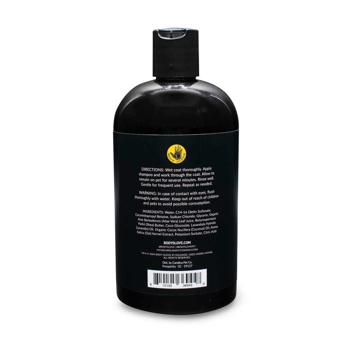 Black bottle with a label on a white background