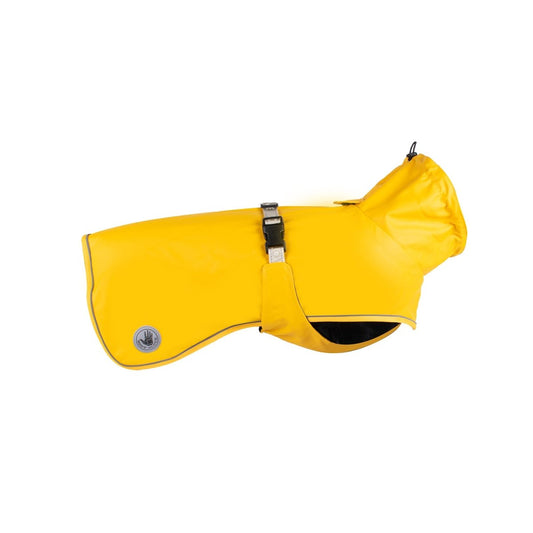 Yellow dog raincoat with a strap on a white background