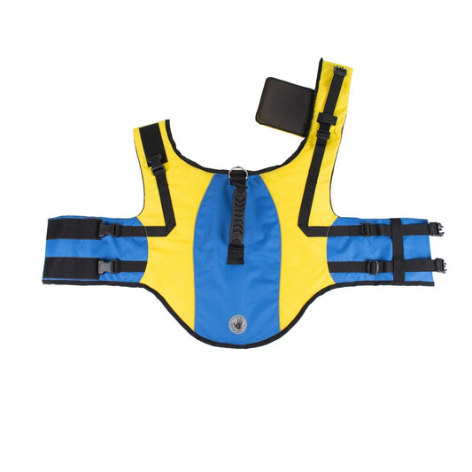 Yellow and blue life vest with black straps on a white background
