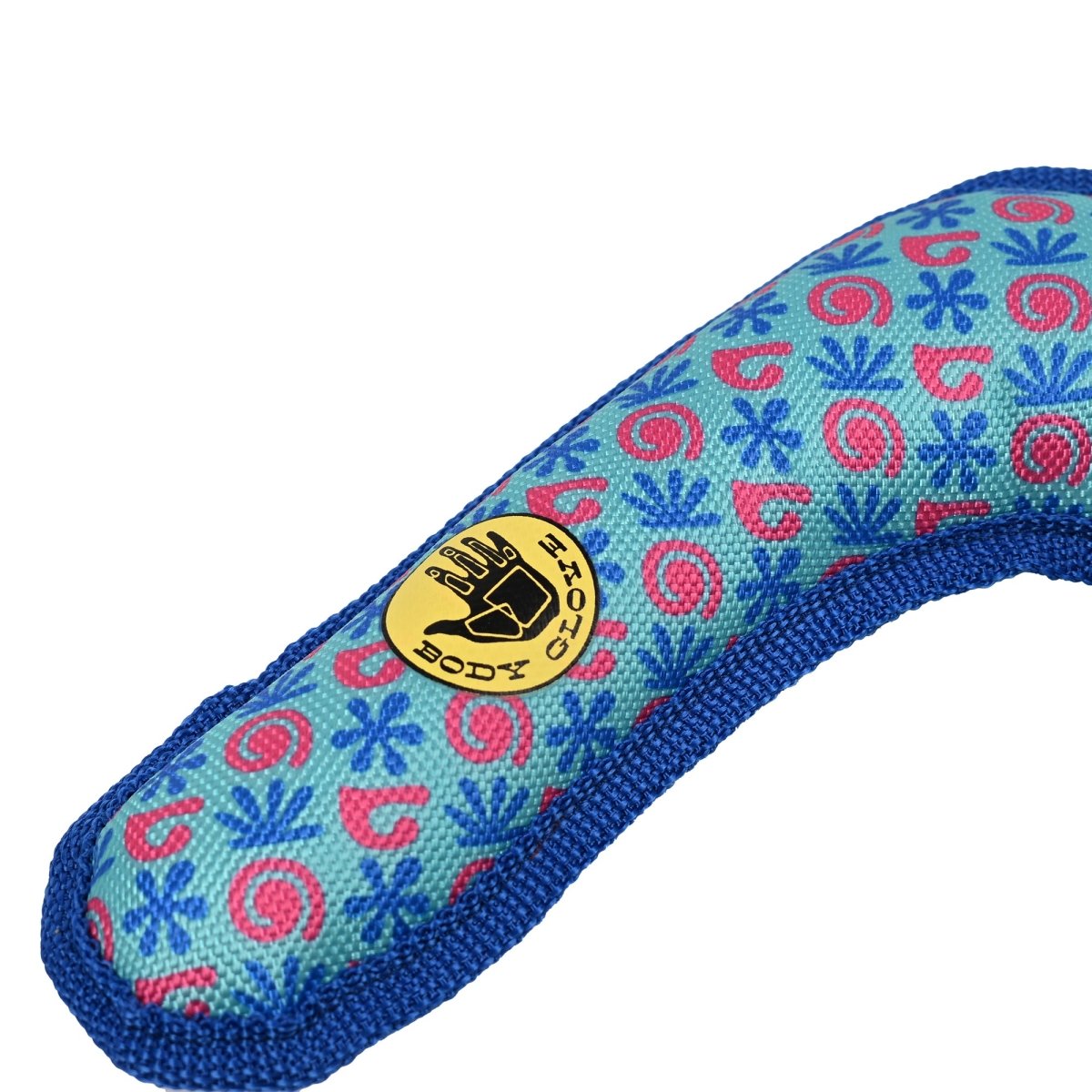 Blue and pink patterned dog toy with a brand logo on a white background