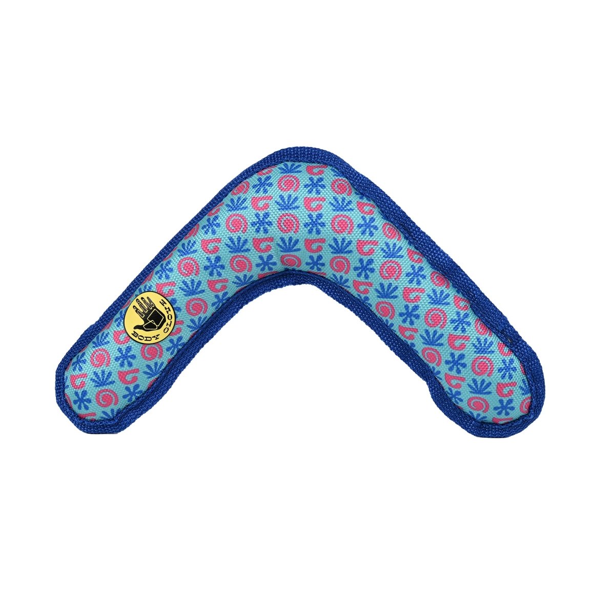 Colorful boomerang-shaped toy with a pattern on a white background