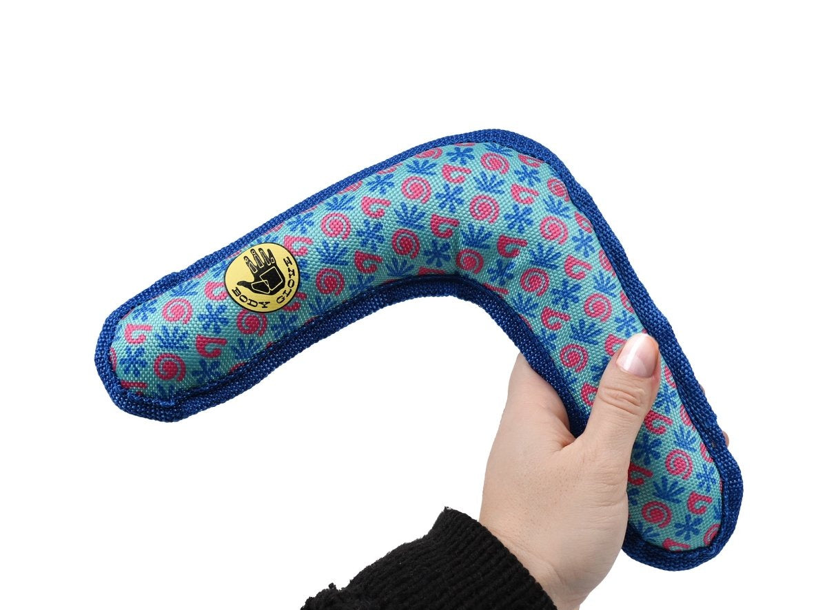 Hand holding a blue and pink patterned boomerang toy against a white background
