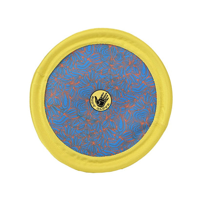 Blue and yellow disc with a logo on a white background
